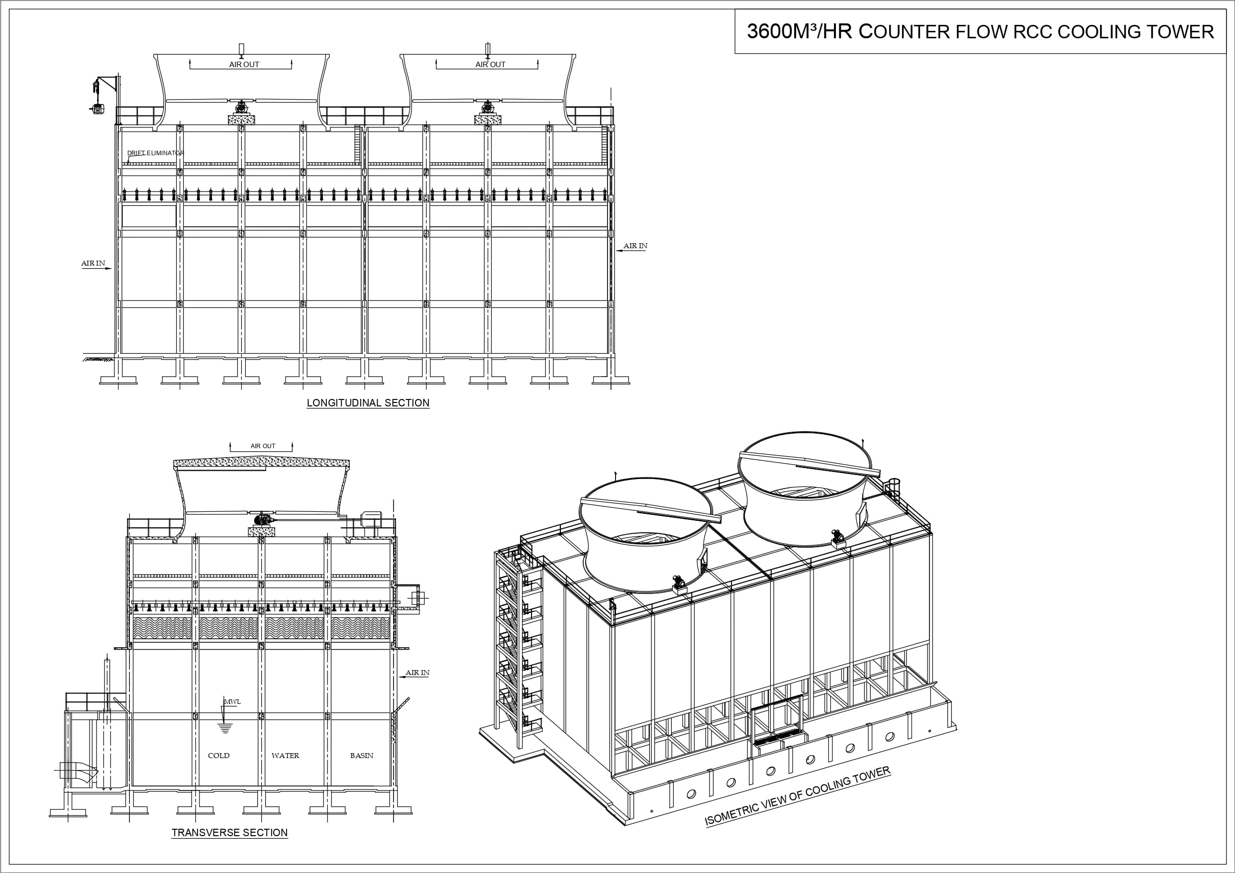 RCC Counter Flow Cooling Tower Technical Drawing