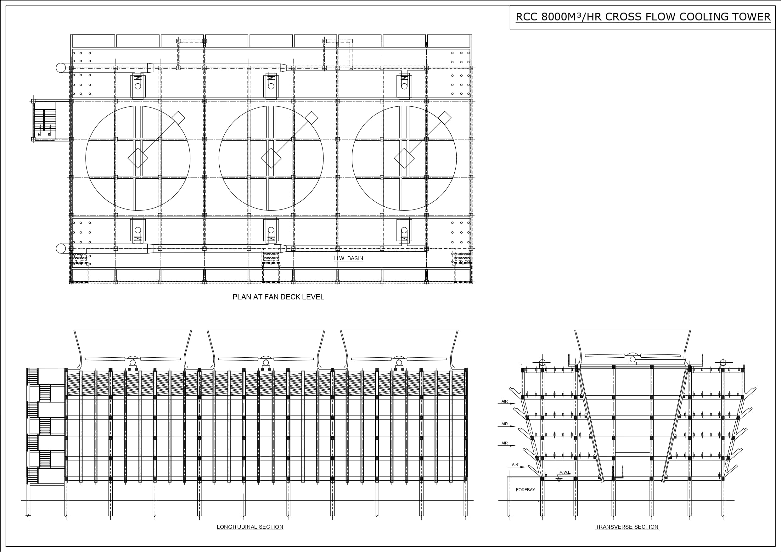 RCC Cross Flow Cooling Tower Technical Drawing